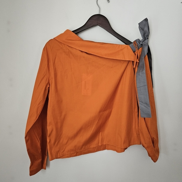 Harshman Blouse Liana Burnt Orange Tie Bow Off One Shoulder Poplin Fall Casual - Picture 8 of 14